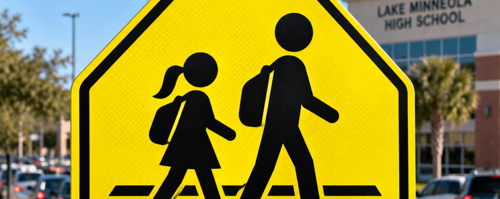 Illustration of a school crossing sign near Lake Minneola High School in Minneola, Florida.